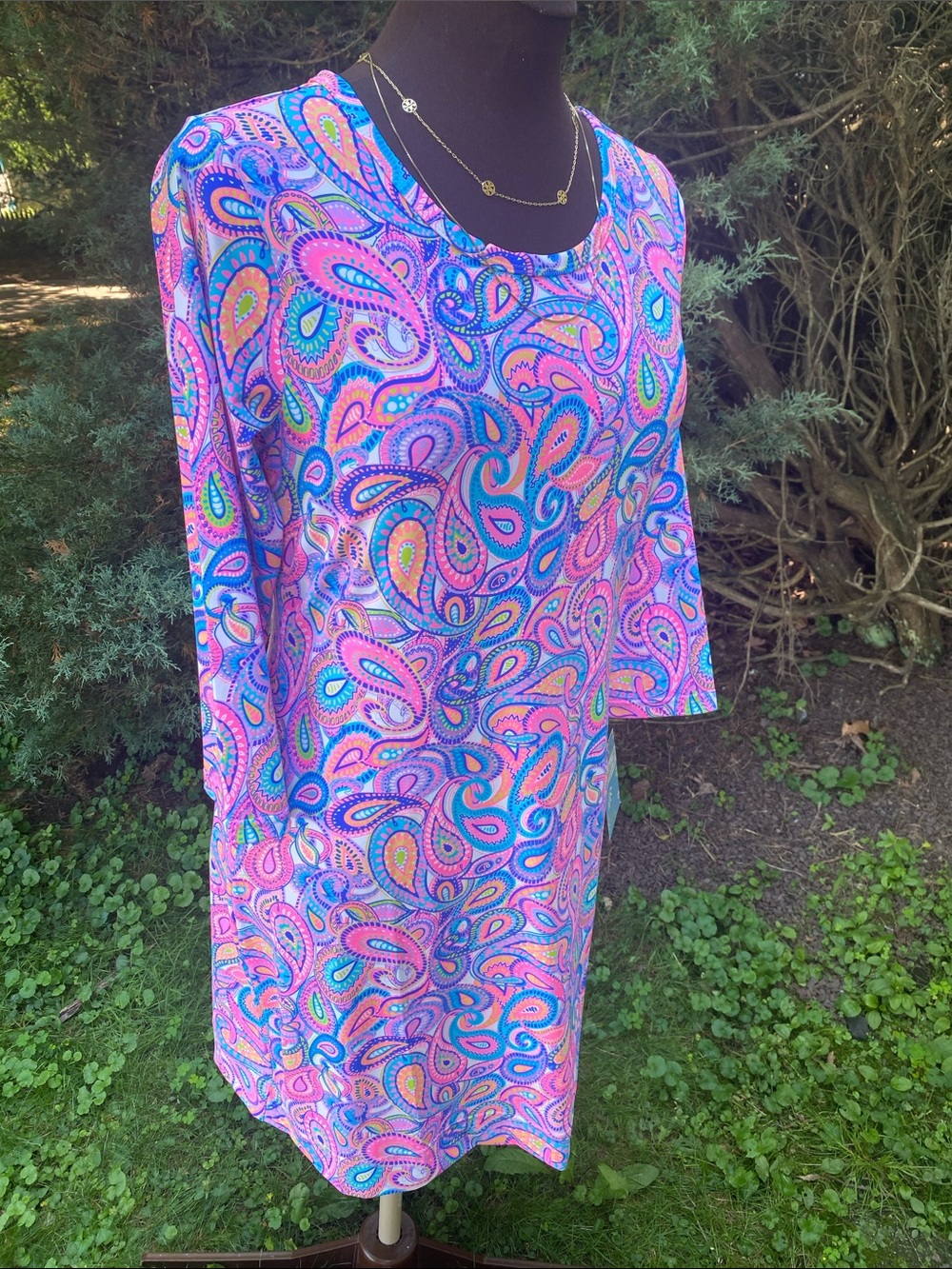 Lulu B stretch dress rounded collar vibrant paisley resort wrinkle free SPF - Picture 14 of 17